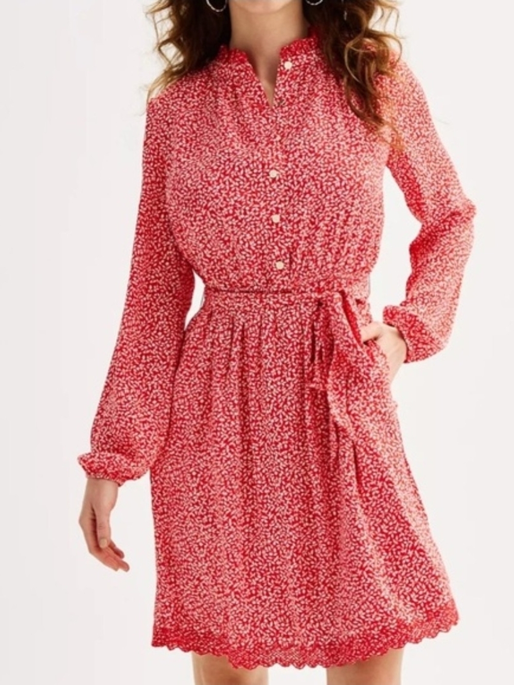 Draper James Red Floral Tie-Waist Long Sleeve Dress
